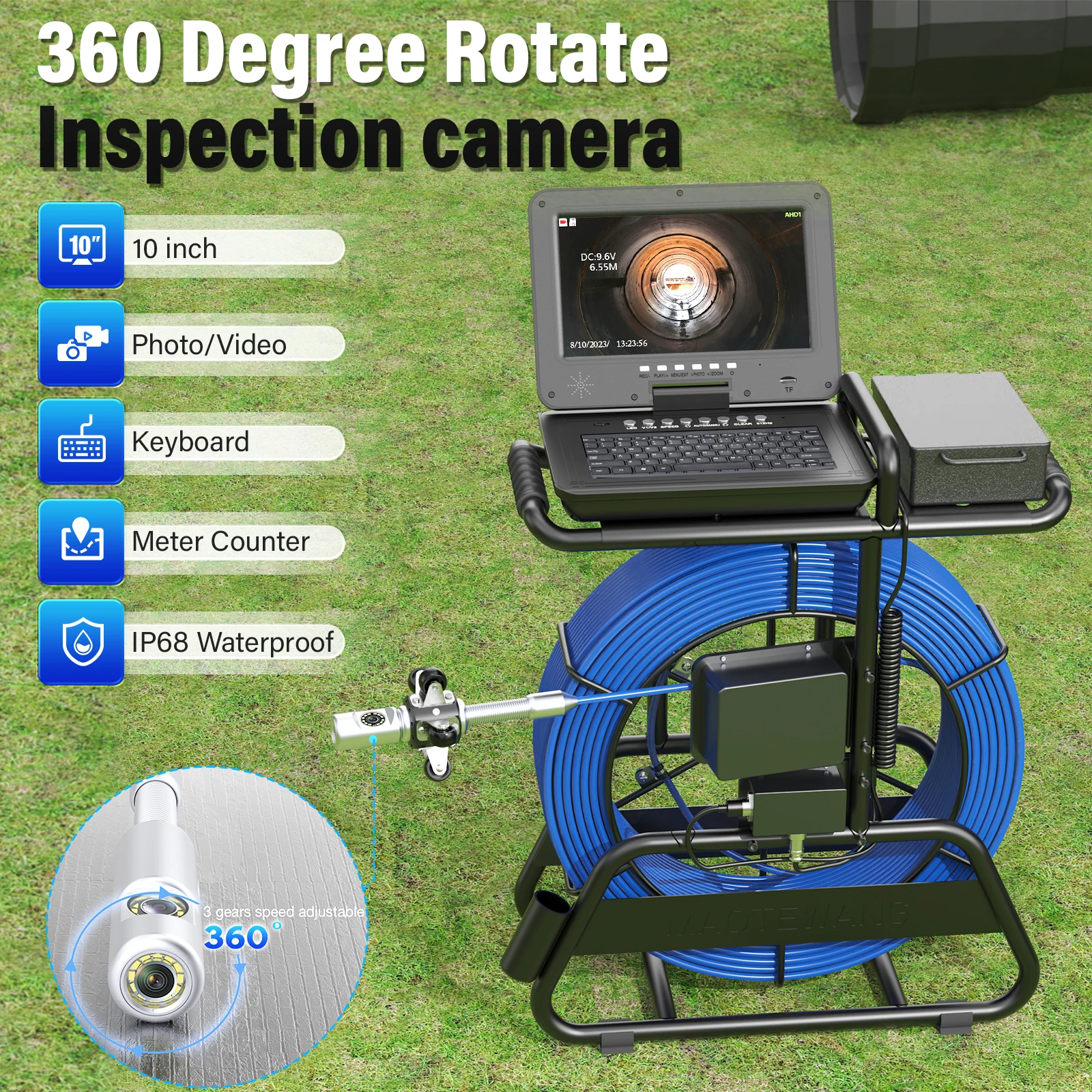 Sewer Camera 360 Degrees 50/80/100M Self-Leveling 7mm 512HZ Locator 10 Inch IPS 1080P Screen Cable Night Vision Ip68