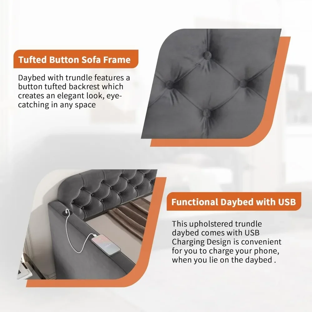 سرير نهاري مخملي منجد بحجم مزدوج مع منفذ شحن USB - إطار أريكة مزدوج الحجم معنقدة بأزرار، لا حاجة إلى صندوق زنبركي #6