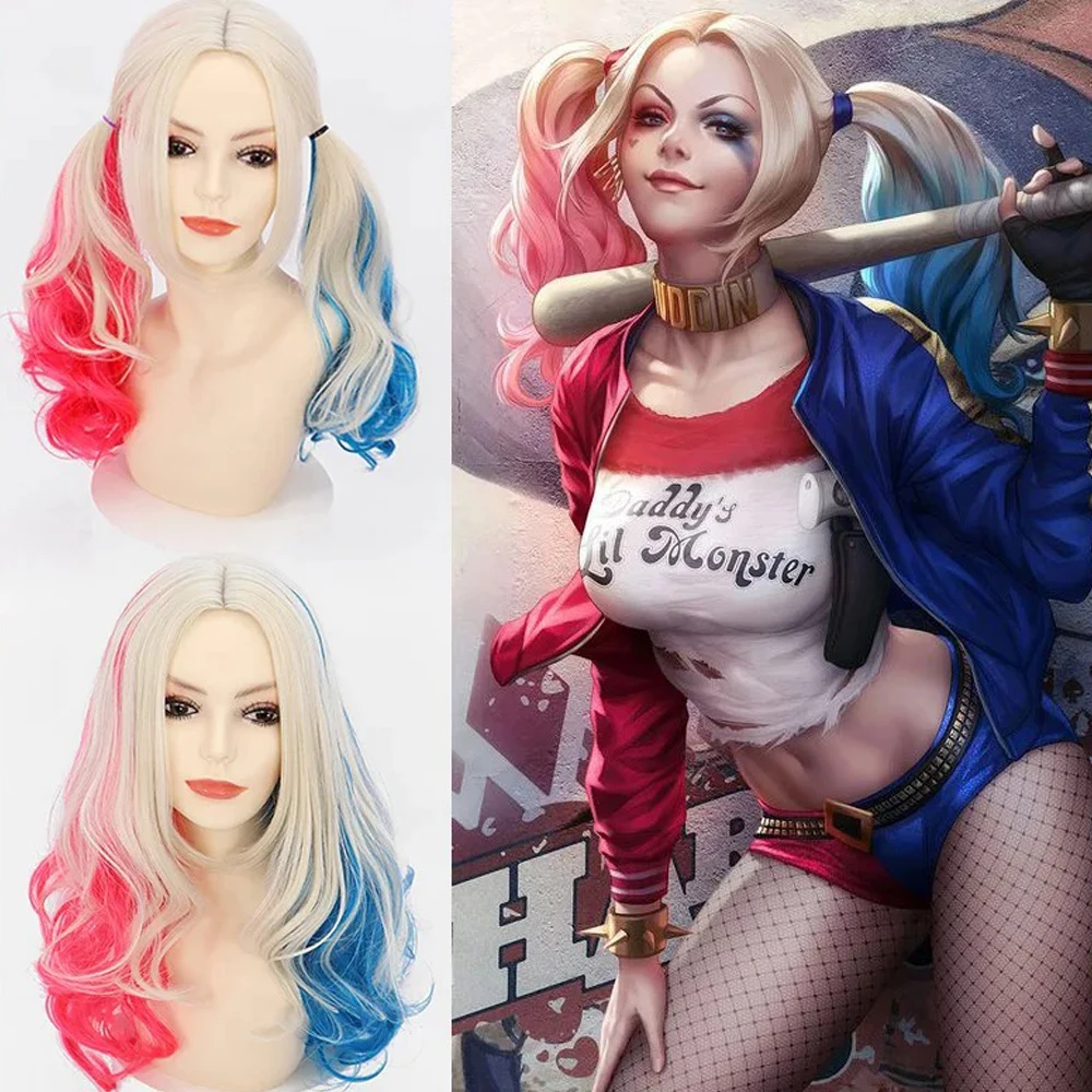 Peluca de parte media con rizos largos para mujer, para Suicide Squad Harley Quinn, Cosplay, ondas grandes, fiesta de actuación de Halloween