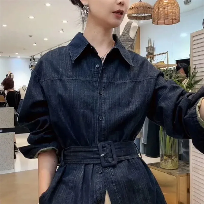 

2026 Spring Autumn New Waist Cinched Cowboy Shirt Women Korean Version Long Sleeved Shirt Design Sense Denim Jacket Top