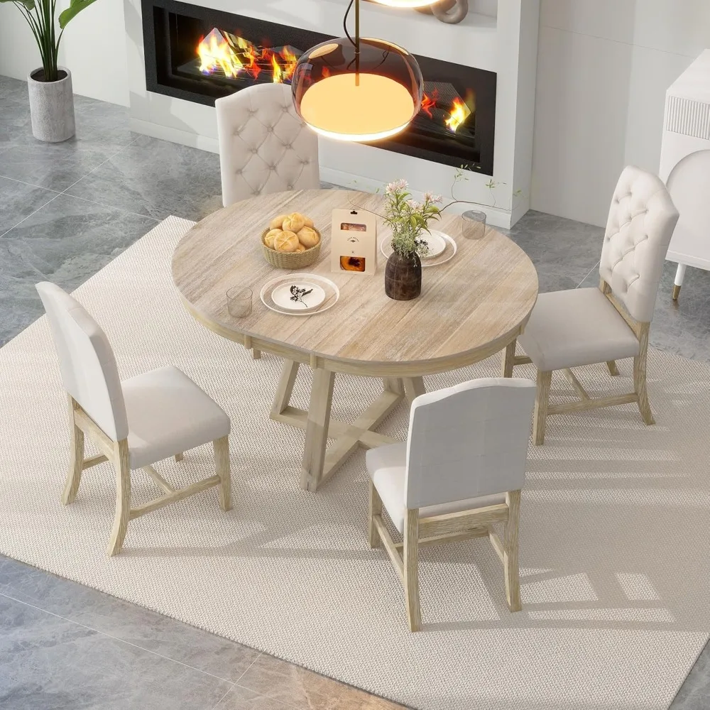 Mesa de jantar e cadeiras, conjunto de mesa de jantar de 5 peças com mesa extensível e cadeiras estofadas, conjunto de móveis de jantar de madeira