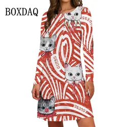 Zebra Stripes Animal nadruk z kotami sukienki dla kobiet Trend śliczne z długim rękawem O-Neck sukienka trapezowa Oversized Casual modna odzież