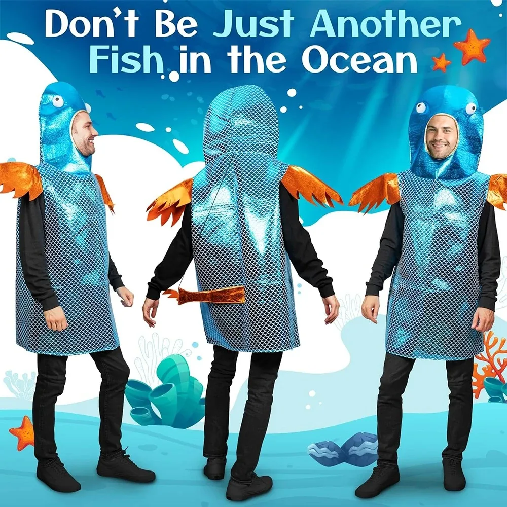 Disfraz de Pez Azul Brillante con Estampado Metálico de Escamas, Túnica Holgada con Capucha de Cabeza de Pez 3D y Decoración de Ojos, Aletas Laterales Amarillas, Traje de Cosplay de Animal Marino para Fiesta de Halloween, Actuación Escolar, Evento Temático de Acuario, Carnaval, Disfraz de Juego de Rol de Criatura Oceánica