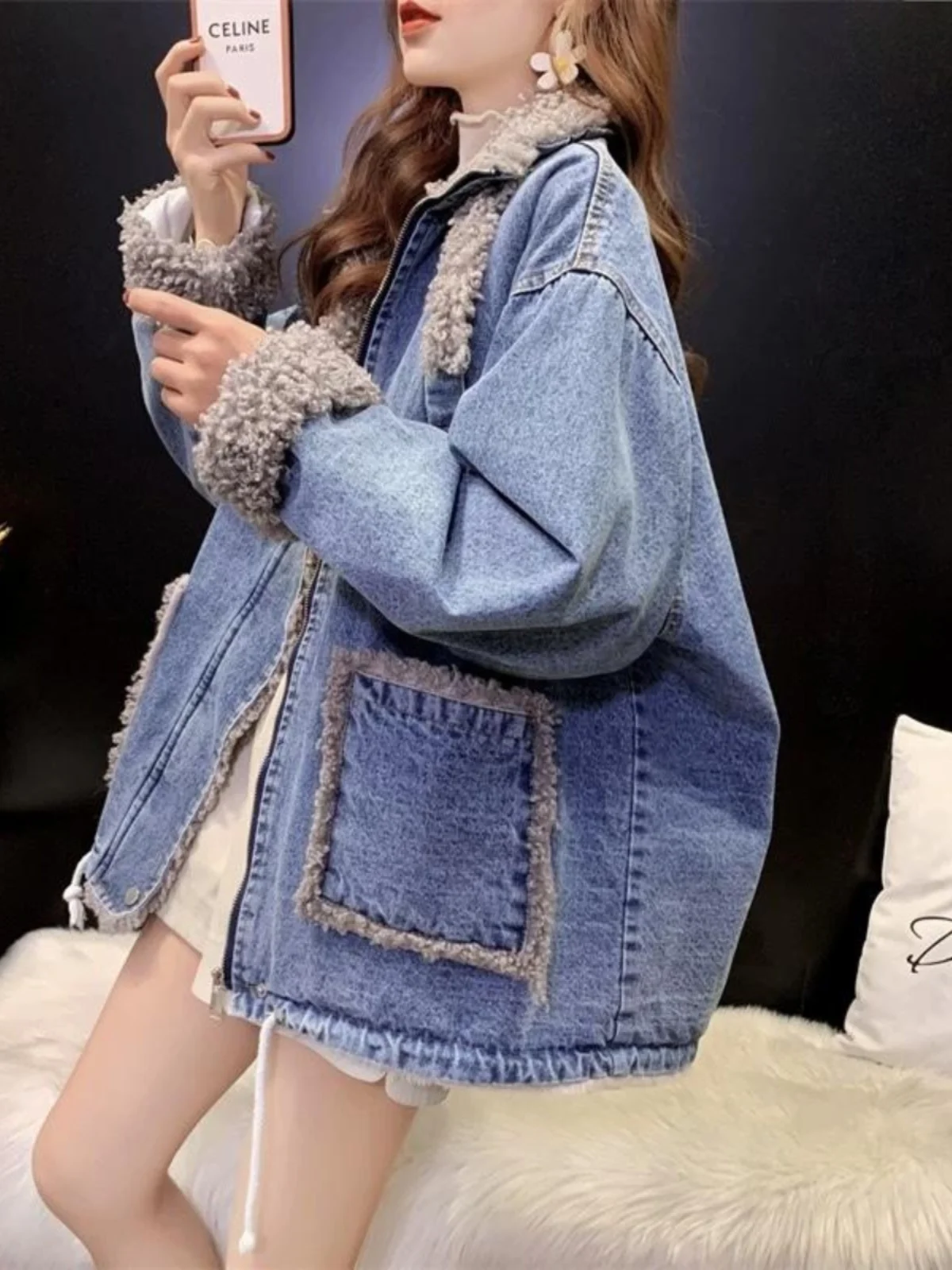 

Denim Coat Hip Hop Fur Plush Womens Fall Regular Fit Sweet Cool Girl College Classroom Easy Care Quilted Standneck Patchwork Y2K