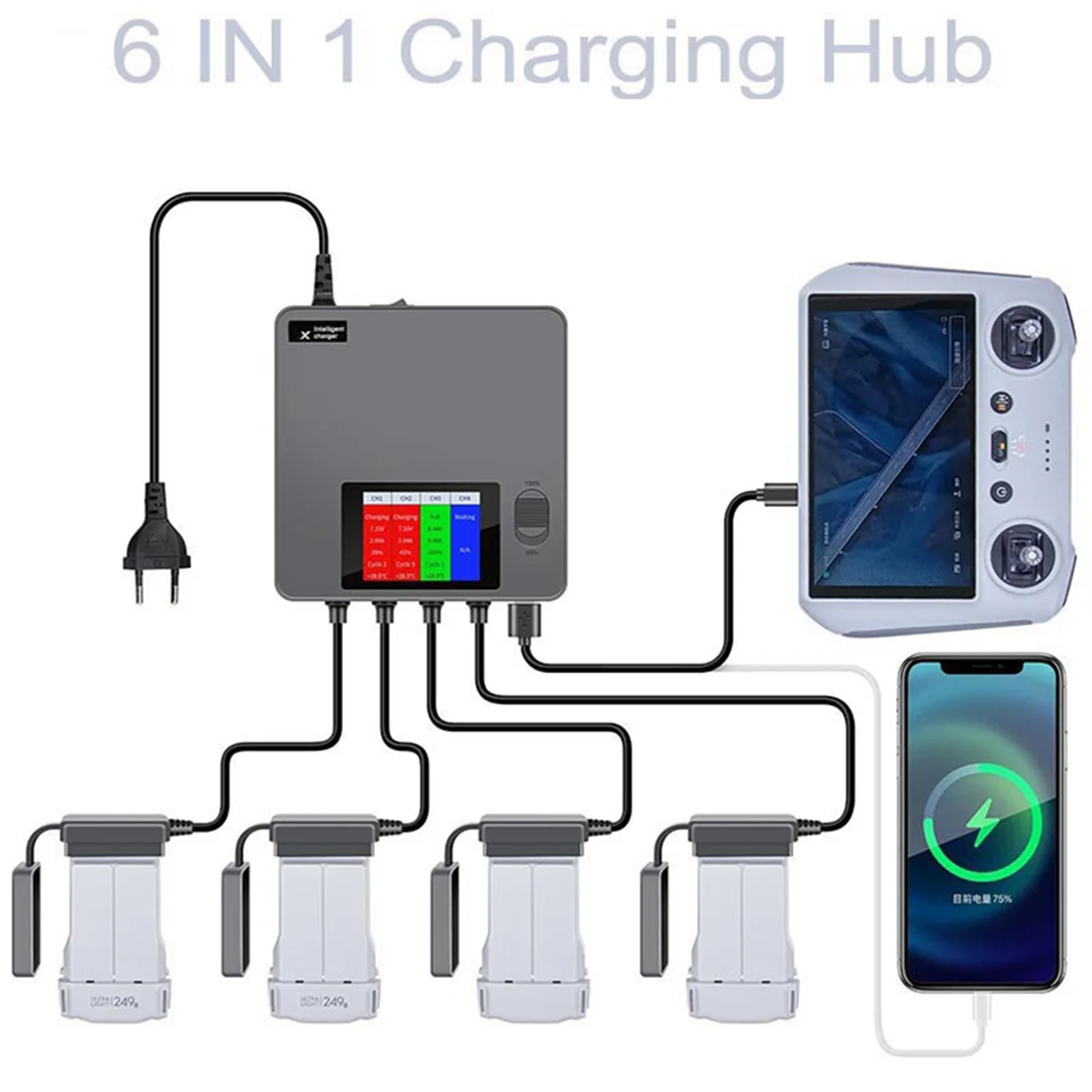 

X61A_6 в 1, зарядное устройство с цифровым дисплеем для DJI Mini 3/3 Pro/4 UK PLUG