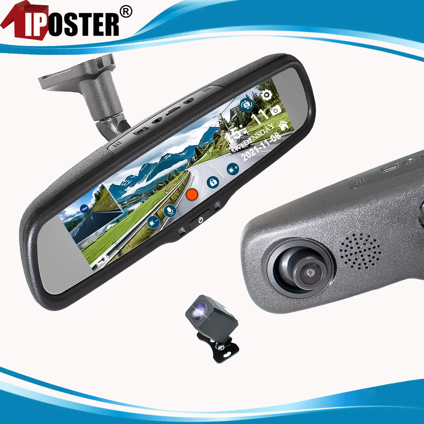 

iPoster 8" Car Rear View Mirror Dash cam Dual Car Camera 1080P FHD DVR Video Recorder Motion Detection G-sensor PIP