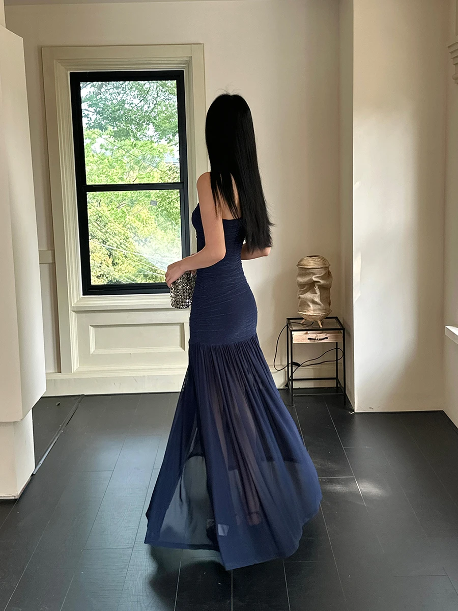 REDDACHiC الأزرق الملكي سباركلي حزب ثوب المرأة بريق شبكة واحدة الكتف مشد Ruched سبليت ماكسي فستان طويل Porm الملابس الرسمية