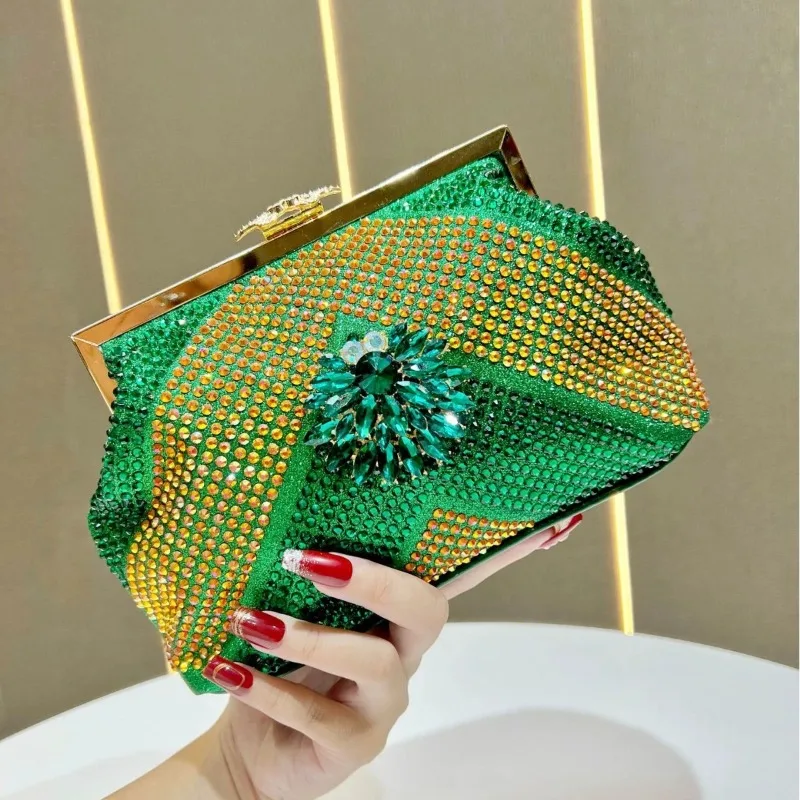 

Luxury Bags for Woman Blingbling Green Shinny Rhinestone Evening Clutch Diamond Inlaid Handbags Formal Occasions Golden Purse