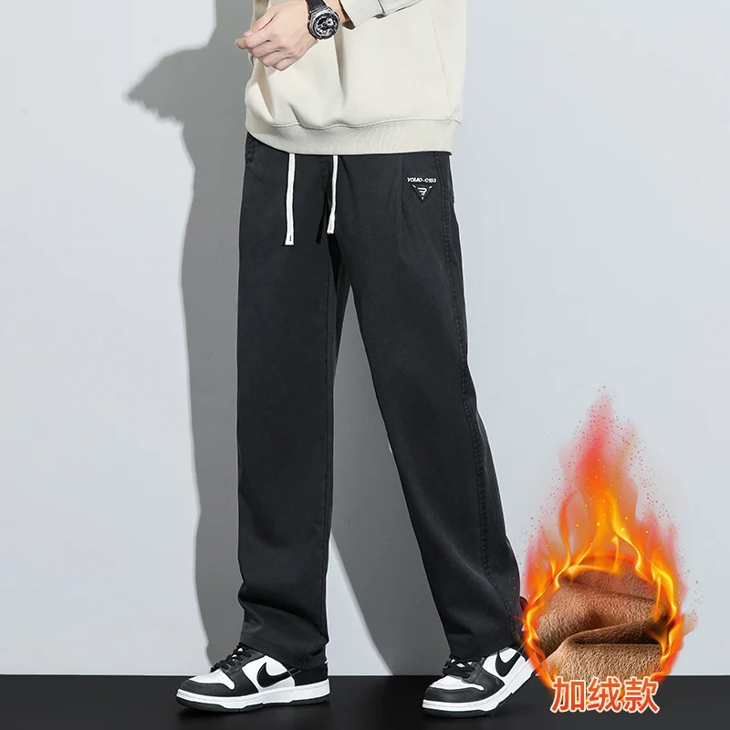 กางเกงคาร์โก้ขายาวทรงหลวมขาตรงบุขนไลโอเซลล์สำหรับผู้ชาย ฤดูใบไม้ร่วง ฤดูหนาว ปี 2025 กางเกงลำลองอุ่นสบาย ไซส์ใหญ่พิเศษ 5XL