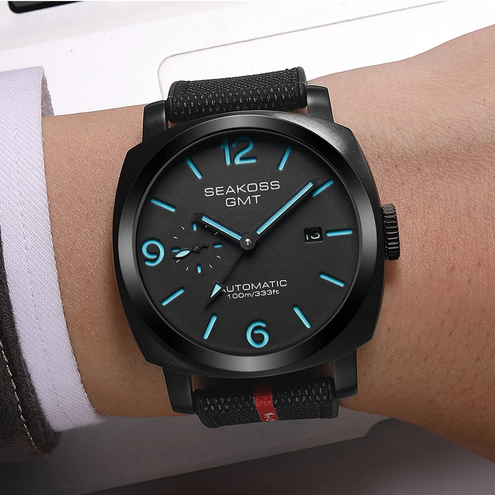 SEAKOSS Jam Tangan Mekanis Otomatis Pria GMT Jam Tangan Karet Nilon Pergerakan Camar Asli Kalender Super Bercahaya ST2557