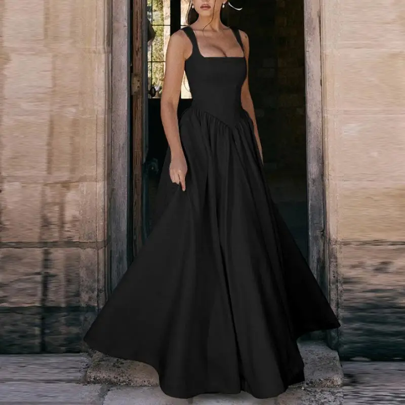 Simple and elegant solid-color corset halter dress, wedding and graduation ceremony, long skirt with a large skirt