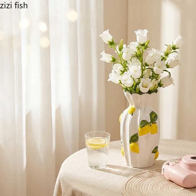 Hand Drawn Relief Lemon Vase Ceramic Fruit Vase Flower Arrangement Vase Desktop Creative Flower Vessel Home Decoration Ornament