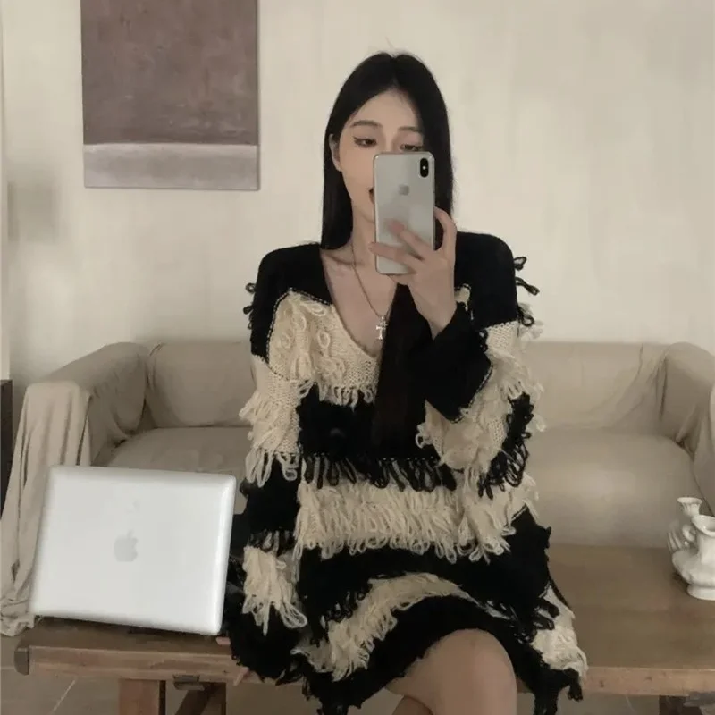 خريف 2025 كسول Sle Aosphere Faion طويل Sve شرابة مخطط فضفاض متعدد الاستخدامات سترة ملابس خارجية Ele Quali Ladies K...
