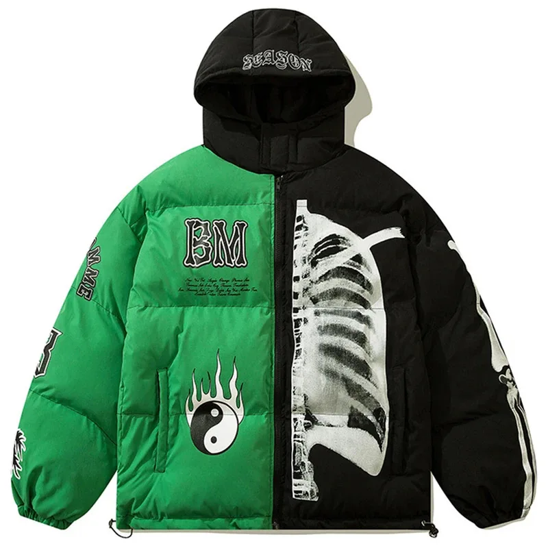 سترات شتوية للرجال من Streetwear Harajuku Hip Hop سترات شتوية مبطنة برسومات هيكل عظمي سترات سميكة ودافئة كبيرة الحجم