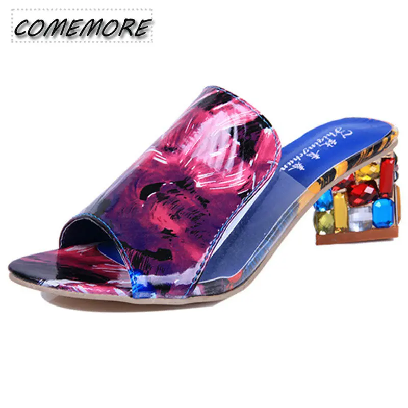 Crystal Sandals Ladies Open Toe Square Heels Fashion Spring Elegant Women\'s Summer Footwear 2023 New Sandalia Feminina Slippers