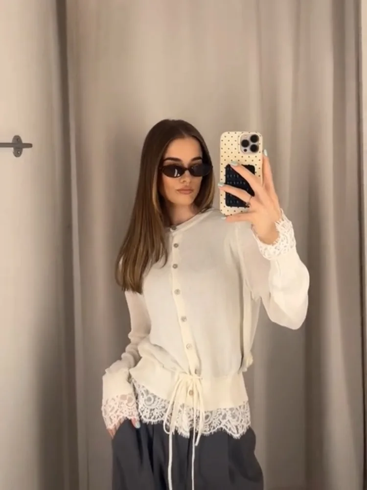 Lace Trim Drawstring Waist Knit Cardigan Women Crew Neck Button Front Long Sleeve Loose Casual Autumn Chic Daily Top