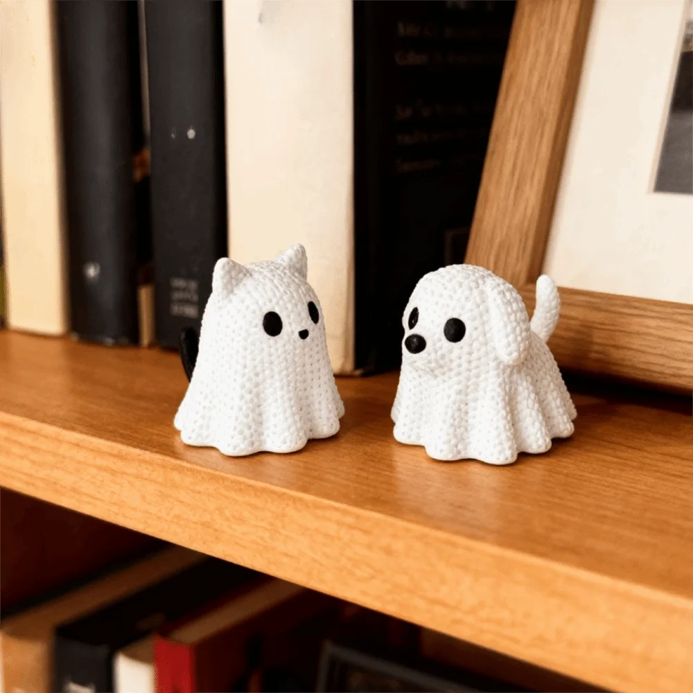 Knitted Texture Halloween Ghost Cat Dog Figurines Mini Plastic Ghost Cat Dog Desktop Ornaments 3D Printed view 4