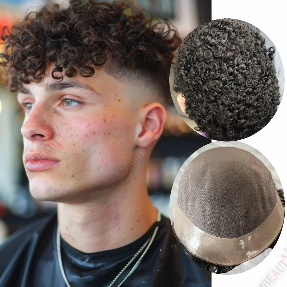 

Мужской парик 15 мм, кудрявый, черно-коричневый, из натуральных волос, сверхпрочный, на моноленте NPU, дышащий, система замещения волос для мужчин, 18 мм, 20 мм, кудрявый