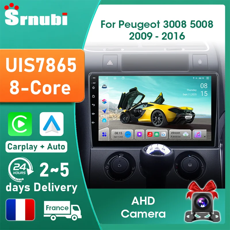 Reproductor multimedia de video Srnubi FM AM con pantalla QLED, compatible con Carplay, control desde el volante, procesador de 8 núcleos, GPS, Android 14, radio para automóvil, RDS, DSP, ecualizador, 2 DIN, para Peugeot 3008 5008 AT 2009-2016, WIFI de 5 GHz.