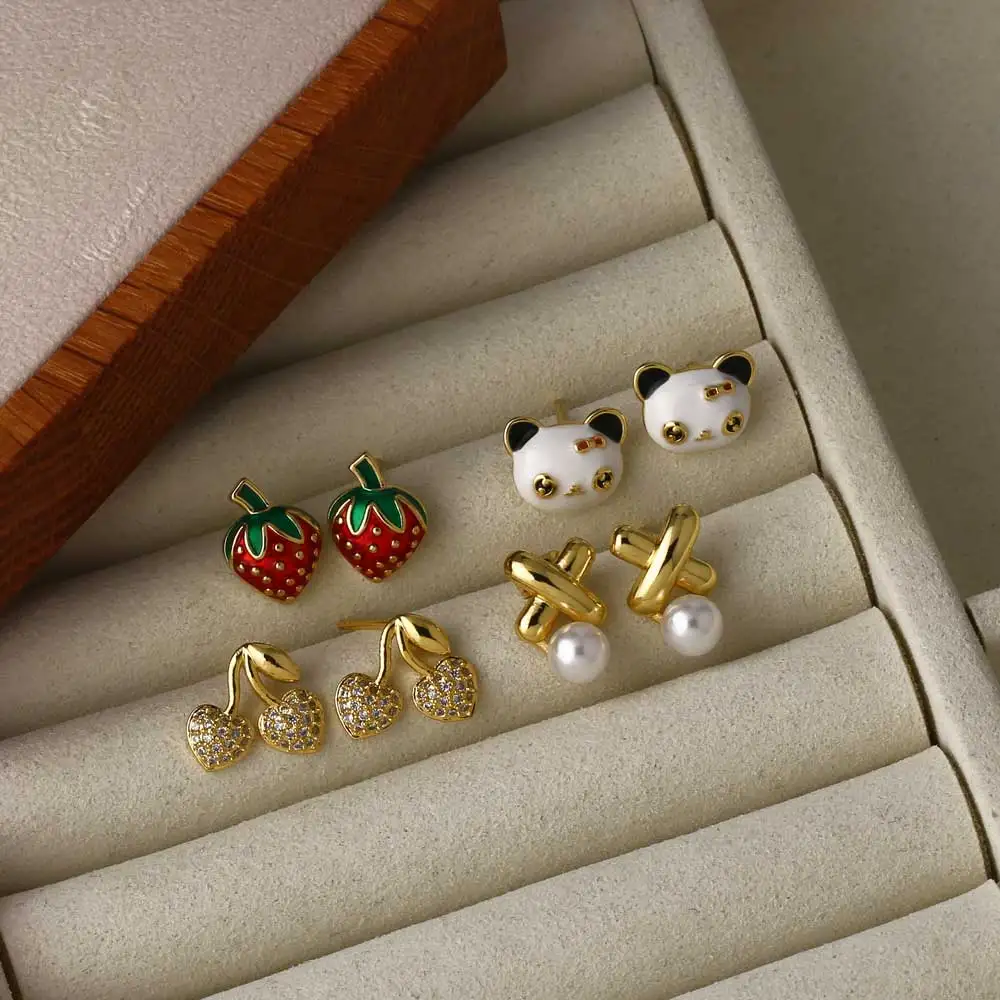 ASJEWELRY Mini Gold Plated Cherry Earrings for Women Enamel Red Strawberry Ear Studs Cute Jewelry Friends Gifts ersn22