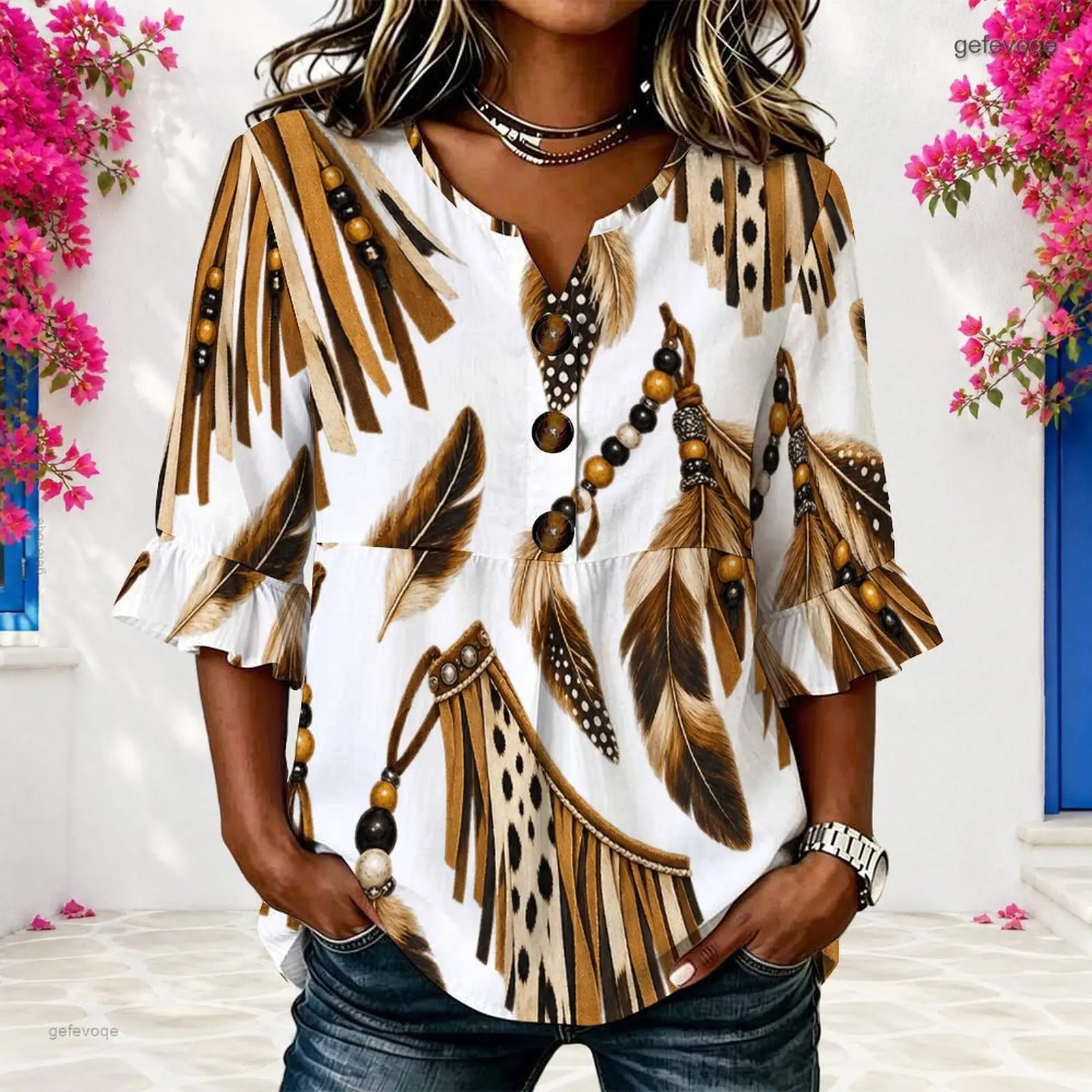 Women White Brown Black Feather Fringe Bead Leopard Spot Printed 3/4 Ruffle Sleeve Notch Neck Button Front Blouse
