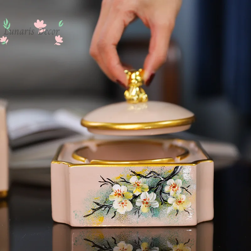 Ceramic ashtray with lid storage box living room coffee table ornament candy box jewelry box