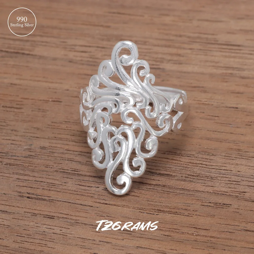 

990 Pure Silver Ethnic Style Boho Finger Ring for Women Hollow Out Exquisite Vintage Birthday Party Jewelry Gift for Mother