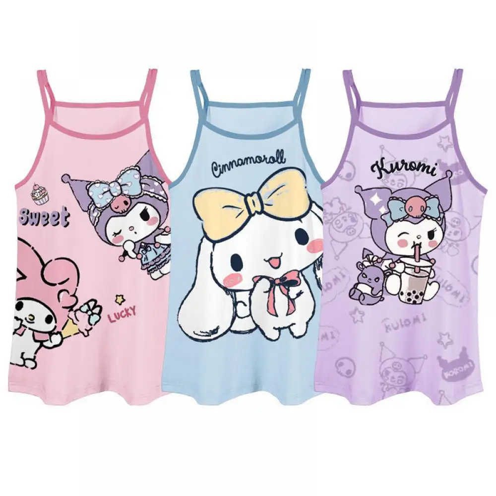 Sanrio Kuromi домашняя одежда из ледяного шелка для маленьких девочек Cinnamoroll, юбка на бретельках, модное крутое летнее новое милое платье с героями мультфильмов, модная ночная рубашка