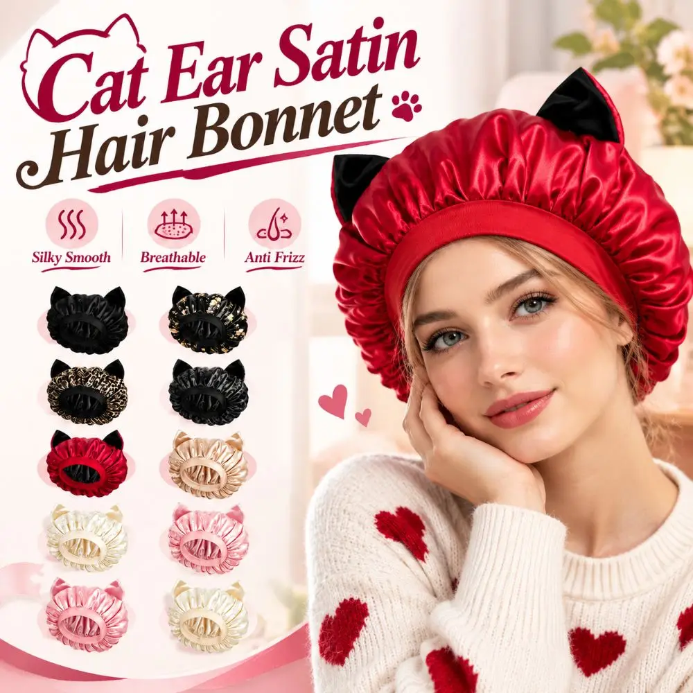 Fashion Silky Smooth Satin Hair Bonnet Elastic Band Breathable Cat Ear Sleep Cap Soft Lightweight Hair Protection Hat Hair Care