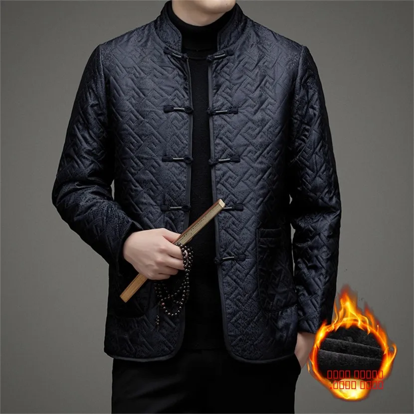 

Thiened Fce Lined Cotton Jaet for Men Winter Warm Sli Retro Tang Costume Sle Dad Coat Stand Fit Casual Faion