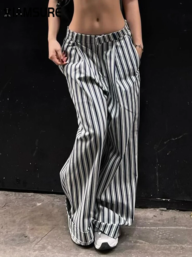 IAMSURE Casual Striped Wide Leg Pants Loose Basic Mid-Waisted Cargo Pants Women 2024 Spring Autumn Fashion Ladies Streetwear