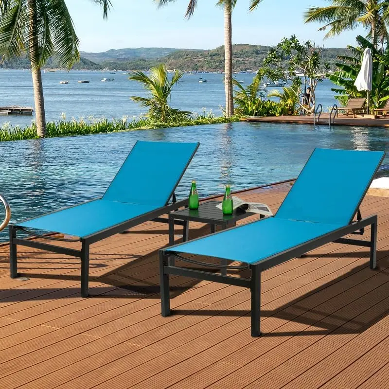 

Chaise Lounge Outdoor Aluminum Outdoor Chaise Lounge Set of 2 Flat Chaise Lounge Chair Pools Patio Outdoor(2 Packs Blue Table)