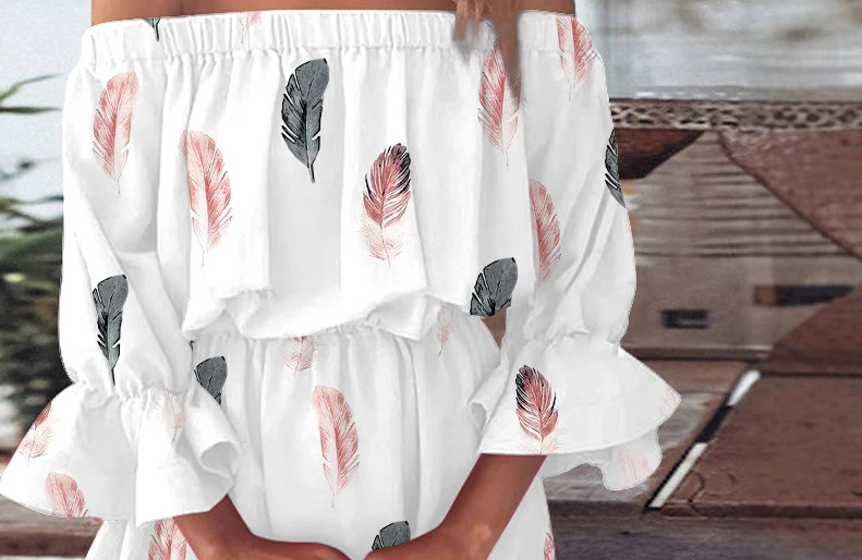 Mulheres sem alças slash neck pena impressão vestido de cintura alta babados sexy mini vestido