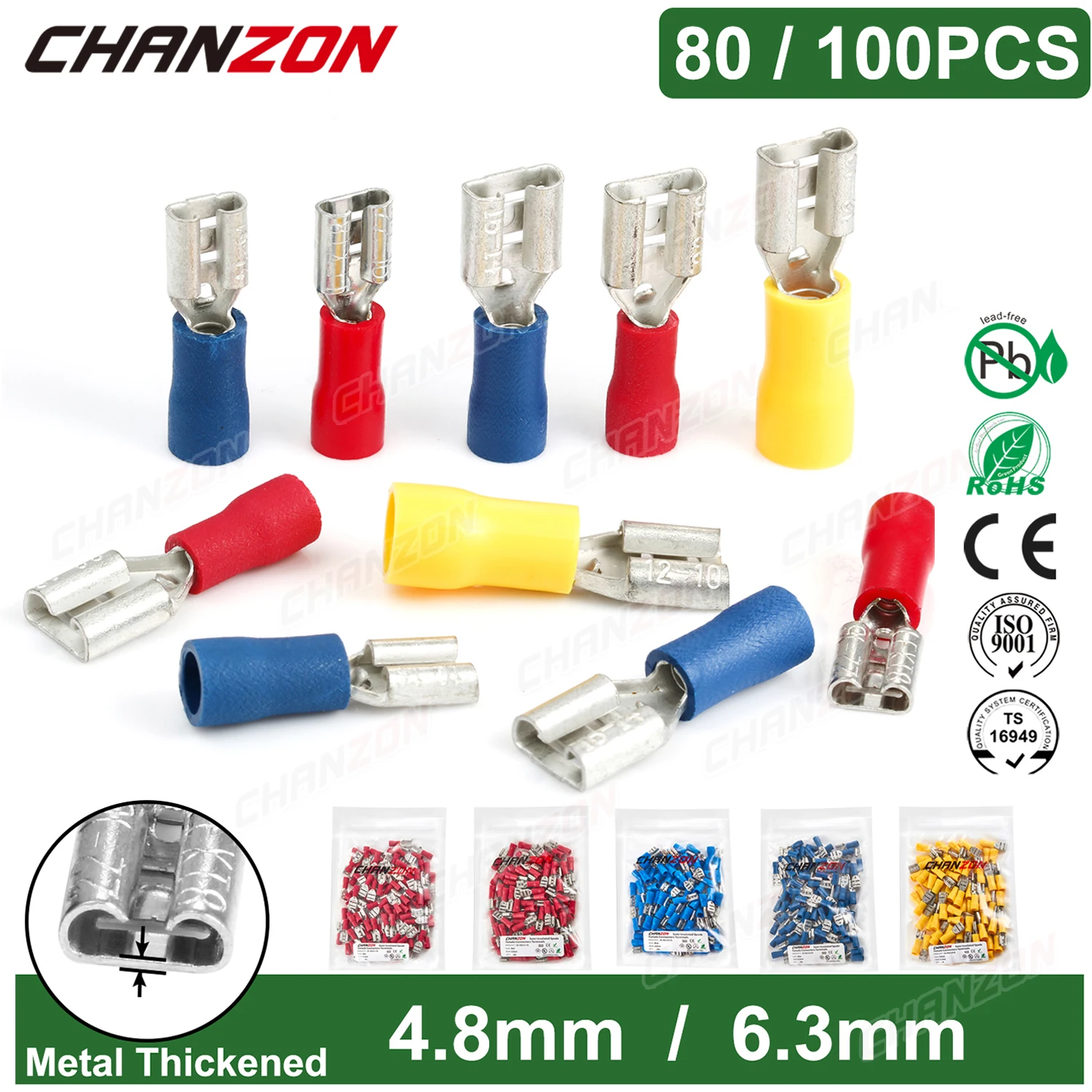 80/100PC weibliche Spaten isolierte elektrische Kabel Stecker 4,8mm 6,3mm lötfreie Crimp Verdrahtung Terminal rot blau gelb 22-10Awg – Detail 1
