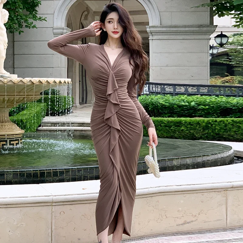 

Sexy Solid Vintage Long Dress Women Simple Elastic Flounce V-neck Autumn Fashion Elegant Waist Slim Evening Party Dresses F433