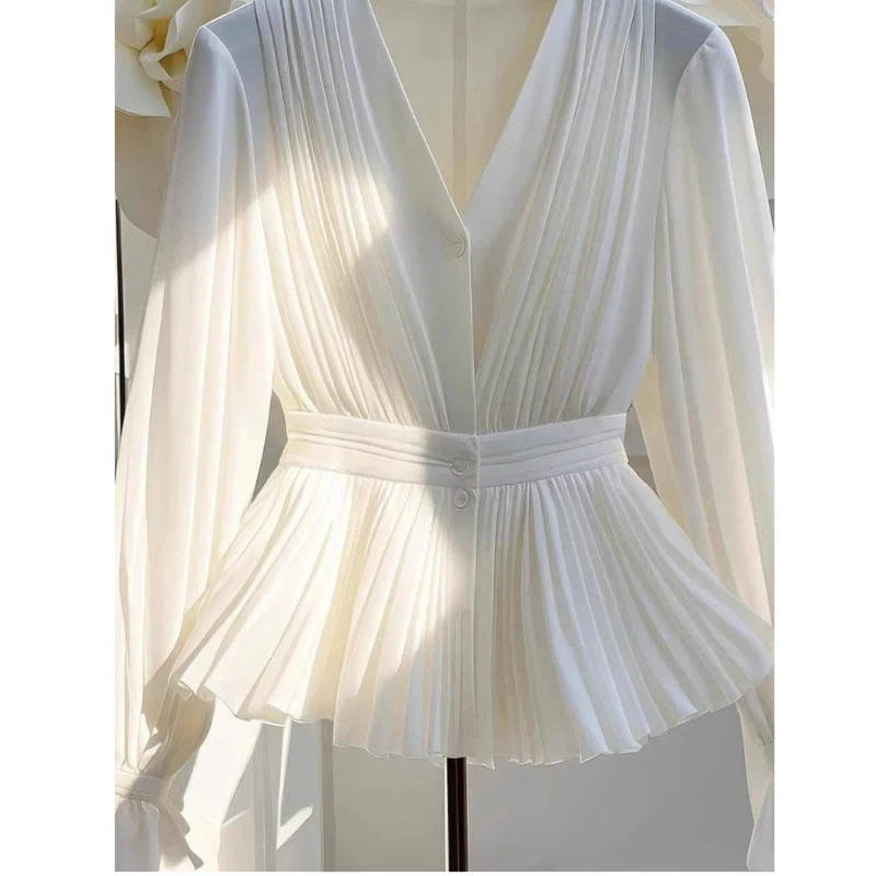 New Temperament V Neck Pleated White Blouse Women Clothing Long Sleeve Solid All-match Elegant Shirt Tops Fashion High Street