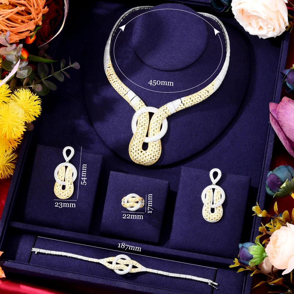 Soramoore Brand Charm Gorgeous 4PCS Chokers Necklace Earring Sets Cubic Zirconia Jewelry Sets for Women Wedding Indian Bridal