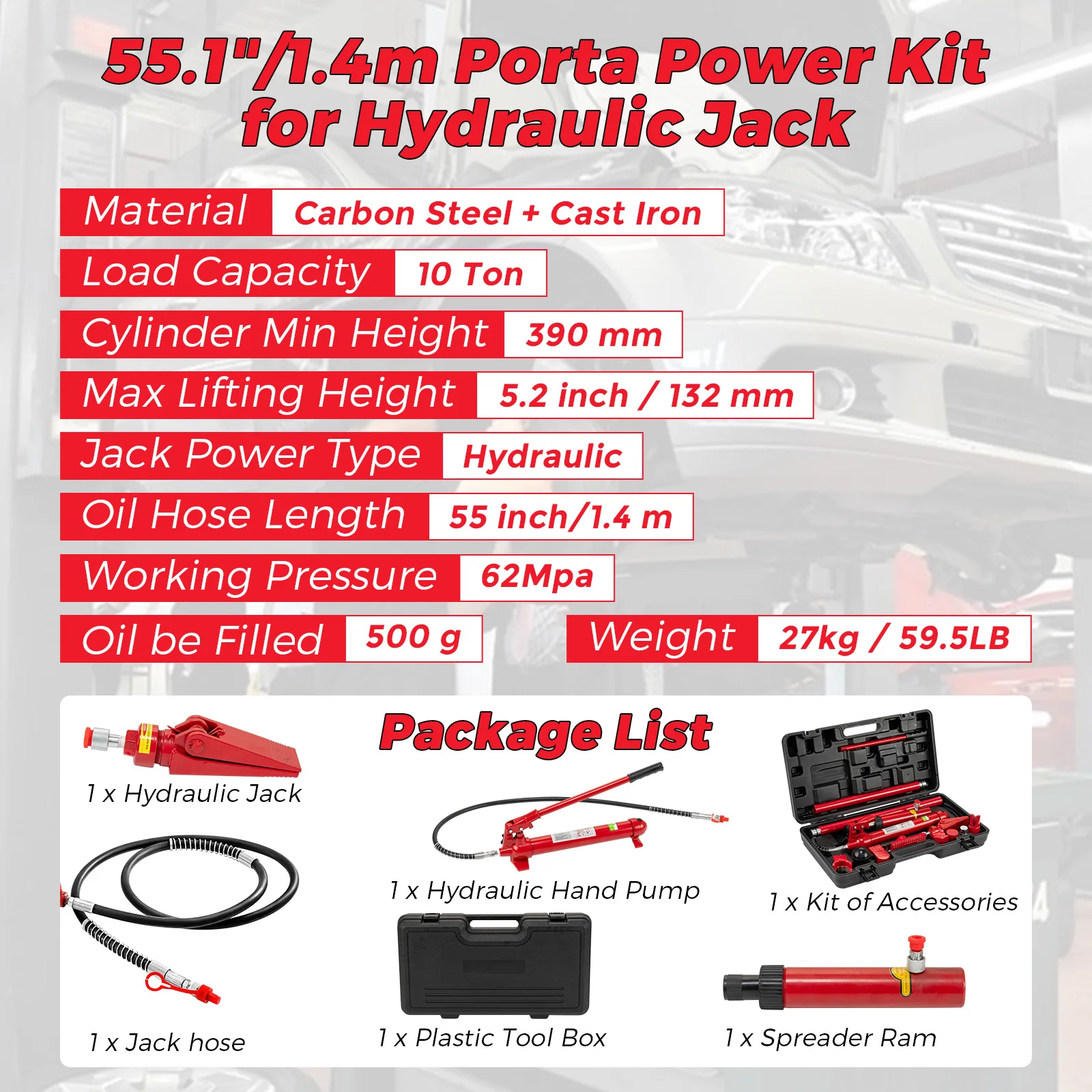 12 Ton Porta Power Kit Portable Hydraulic Jack with 1.4 m Oil Hose Auto Body Frame Repair Kit with Storage Case for Car Repair