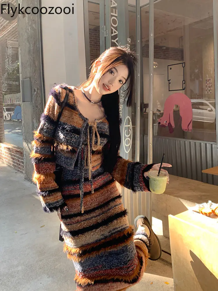 Fashion Contrasting Striped Knit Suit Butterfly Lace-up Sweater Cardigan Coat Fall/Winter Halter Dress Womens Two Peice Sets