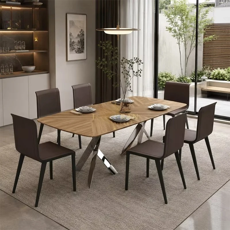 Modern Minimalist Wood Grain Herringbone Rectangular Dining Table Silver Mirror X Shape Stainless Steel Base Furniture 6 Seater