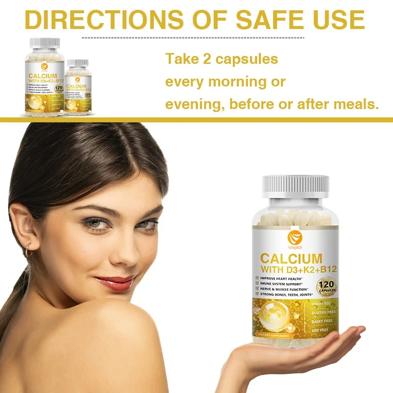 Calcium D3 K2 B12 Capsules Vitamin D3 Supplement Vitamin K2 Vitamin B12 for Bone Health And Calcium Absorption