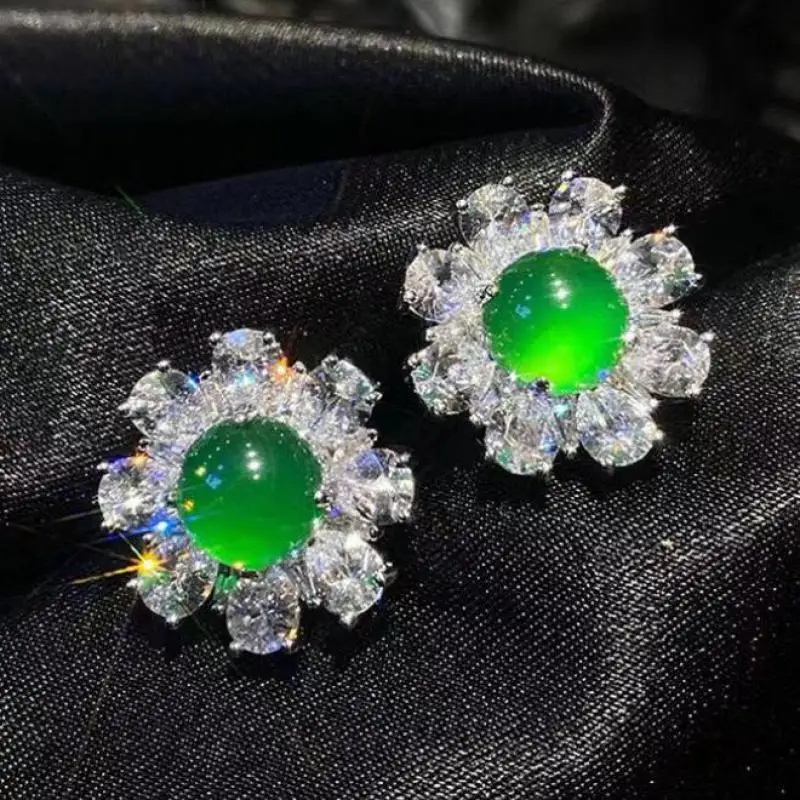 Natural Green Jade Luxury Wedding Ring Adjustable Women Fine Jewelry Genuine Myanmar Jadeite Zircon Sunflower Jade Stud Earrings