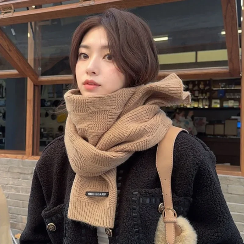 Korean Simple Vintage Long Scarf Solid Color Versatile Scarf Winter Warm Fashion Ladies Shawl Sweet Elegant Knitted Warm Scarf