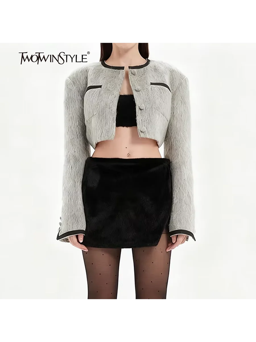 

TWOTWINSTYLE хит цвета сращенные карманы модные короткие куртки для женщин с круглым вырезом и длинными рукавами флокированная куртка женская одежда