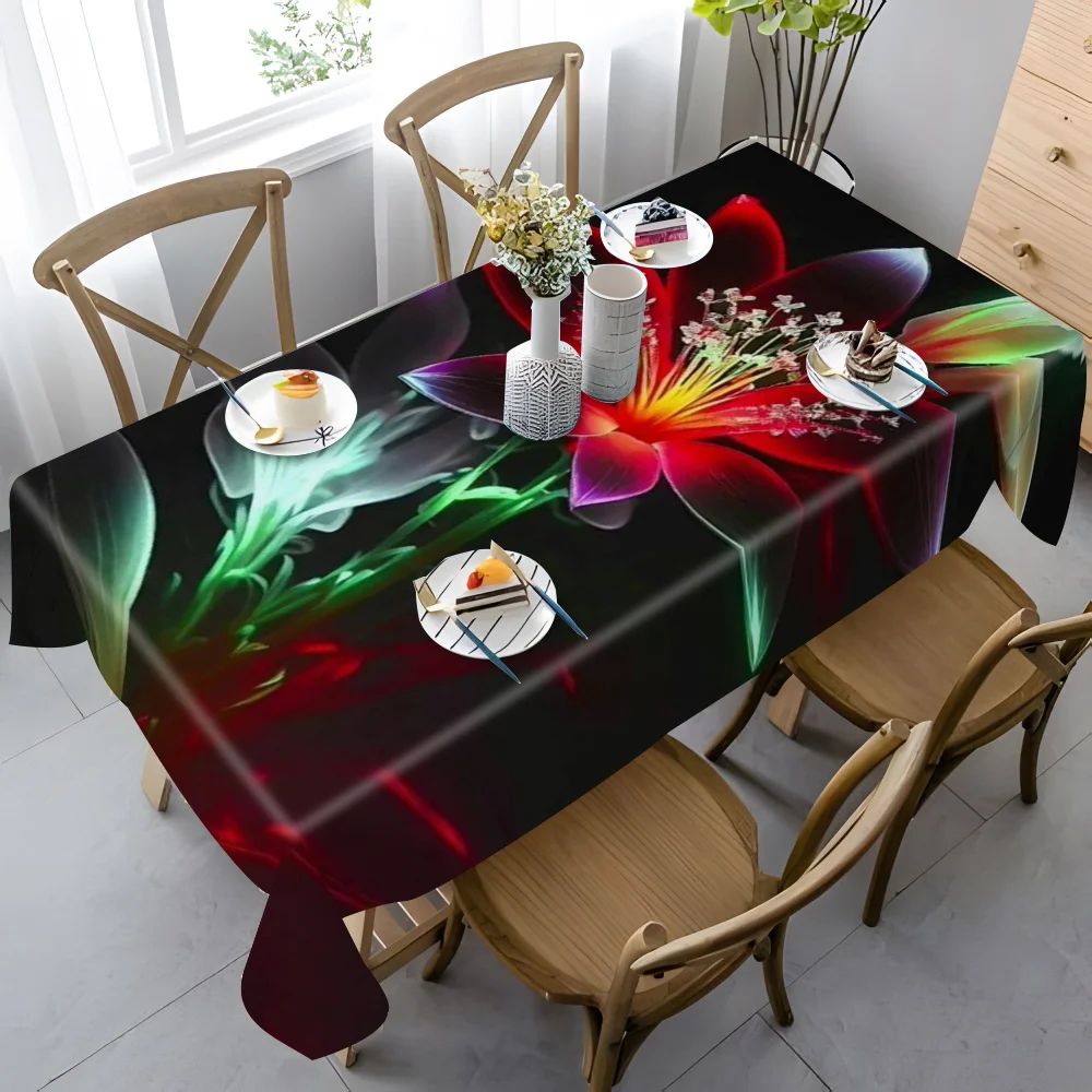 Fantasy Floral Tablecloth, Black Background With Rainbow Glow Flower Pattern, Waterproof Table Cover for Daily Meals & Party Use