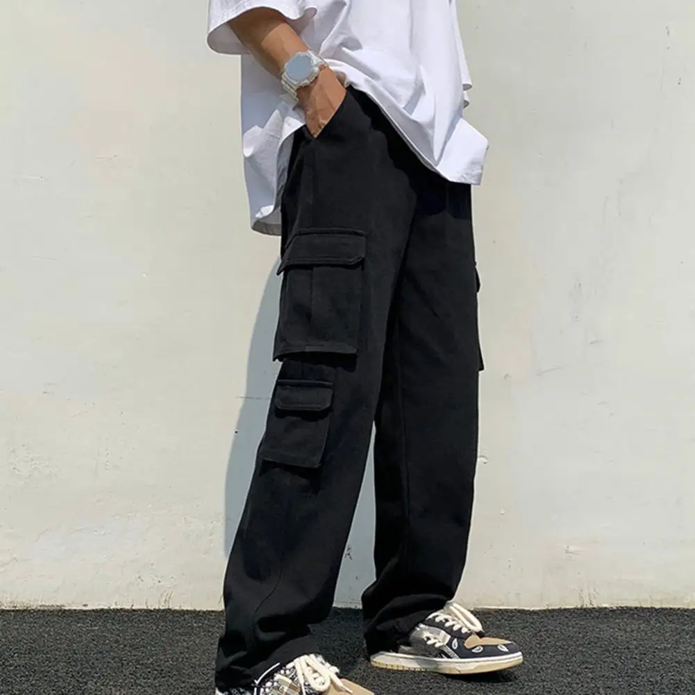 Trendy Pure Color Elastic Waist Men Pants Energetic Men Cargo Pants Multi Pockets Elastic Waist Men Trousers Clothes