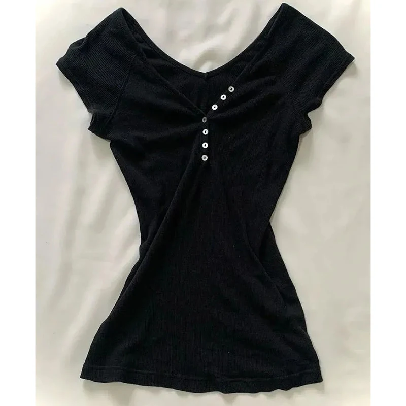 Black Slim Button Up Tee Women Harajuku Y2K Classic Simple Casual Top Short Summer V Neck Fashion Pretty Style T Shirt