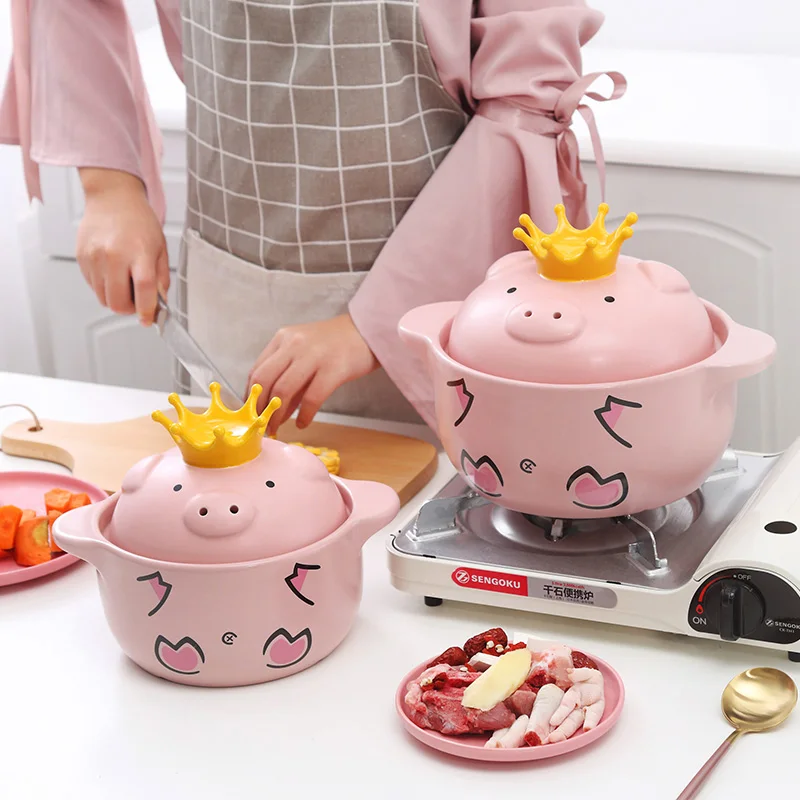 Pink Pig High Temperature Resistance Casserole Handle Ceramic Cookware with Crown Pot Cover Kitchen Supplies Soup Pots