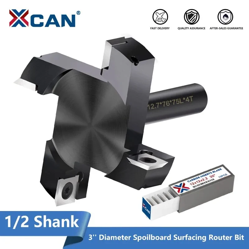 XCAN Milling Cutter 1/2 Shank Wood Planer Router Bit with 12x12mm Carbide Insert Slab Wood CNC Spoilboard Surfacing Router Bit