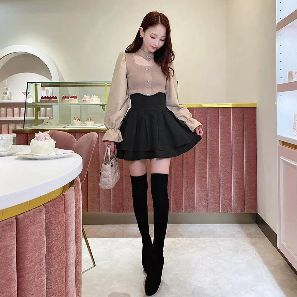 Japanese Style Mini Skirts for Women Mine Mass-Produced Sweet Black Skirt Culottes Autumn Summer Ruffled Pleated Short Skirt